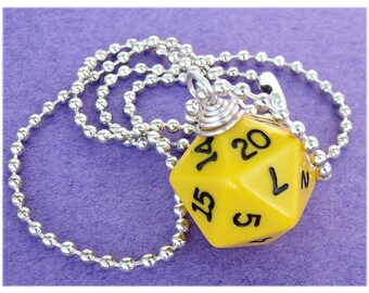 Dungeons and Dragons - D20 Dice Pendant - Yellow - Geek Gamer DnD Role Playing RPG