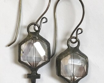 Dangle earrings soldered pewter crystal earrings Crown Cross sterling earwires