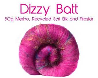 Spinning Batt - Pink - Multi coloured - Merino - Recycled Sari Silk - Firestar - 50g / 1.7oz - DIZZY BATT