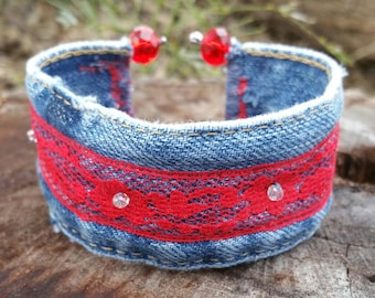 Denim Cuff Bracelet with Red Lace