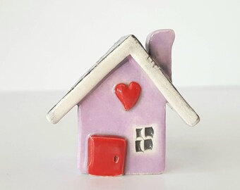 Tiny Little Orchid Pink Clay House | Orchid Pink House with Red Door | Ceramic Fairy House Gnome Home | Whimsical Terrarium Decoration