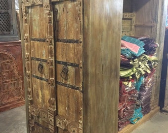 Antique Wardrobe Old Doors Armoire Indian Furniture Iron Strap Storage Cabinet nATURAL WOOD Farmhouse Eclectic Bohemian Decor FREESHIP