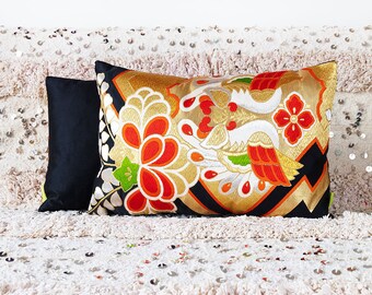 Red Black Gold Obi Pillow, Upcycled Vintage Kimono Cushion, Luxury Accent Pillow, Metallic Embroidery Japanese Phoenix Bird Paulownia Flower