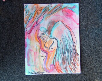Pastel Angel Original Oil Pastel and Ink Illustration Artist Train Card 11 x 8.5