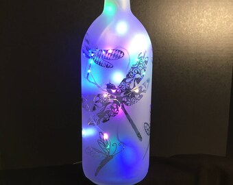 Etched Glass Dragonfly Lighted Wine Bottle