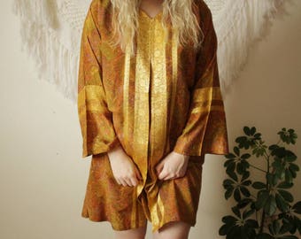 Vintage 1960s golden Paisley tunic dress hippy Boho festival embroidered
