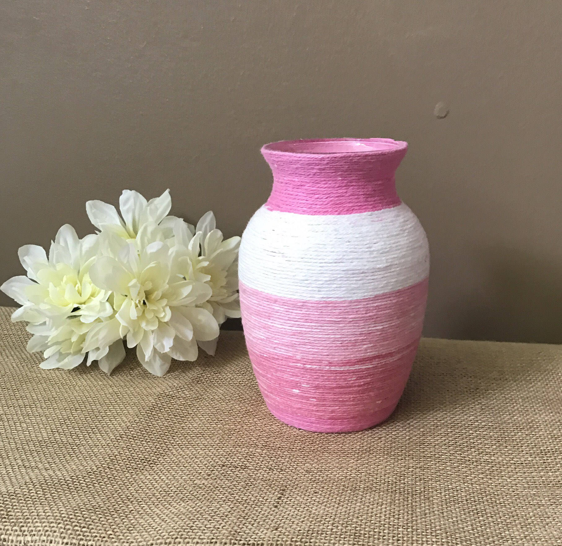 Pink Striped Yarn Wrapped Vase Yarn Wrapped Vase Yarn Vase