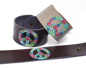 Leather Peace Sign Cuff Bracelet Colorful Flowers Boho Bohemian Jewelry FREE SHIPPING