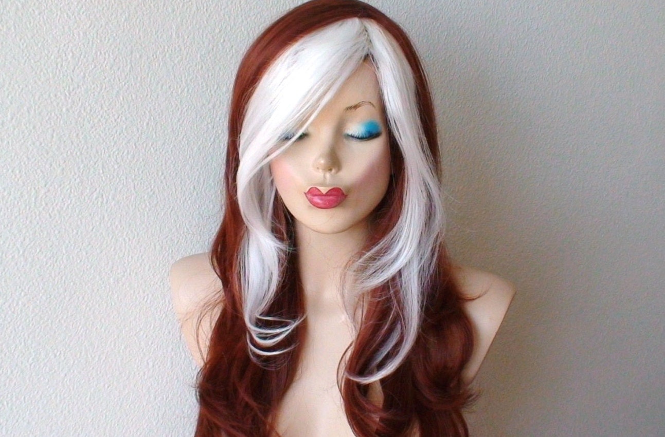 Cosplay Wig Copper Red White Color Hair Long Wavy Hair