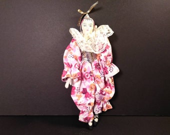 Vintage Porcelain Harlequin Jester Clown Doll 11 1/2"