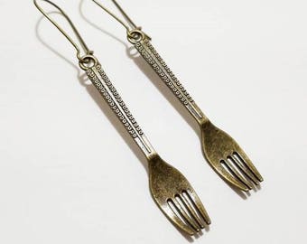 Antique Bronze Utensil Fork Pendant Earrings with Kidney EarWire, Minimal Earrings