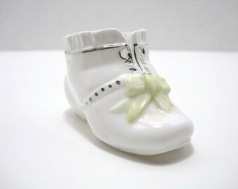 Vintage Porcelain Baby Shoe - Porcelain Green Bow Shoe - White Porcelain Shoe with Silver Trim