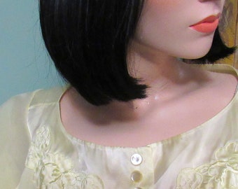 60s Nylon & Satin Yellow Negligee Peignoir Dressing Gown Robe Vintage