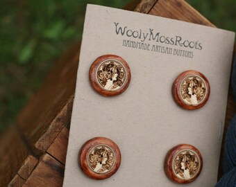 SALE! 4 Cameo Lady Buttons- Yellow Cedar Wood- Wooden Buttons- Eco Craft Supplies, Eco Knitting Supplies, Eco Sewing Supplies
