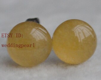 yellow jade earrings, 7.8mm jade earrings, yellow jade stud earrings,birthday lucky stone,Cabochon Gemstone post studs, stone earrings studs