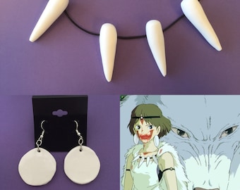 Princess Mononoke Necklace and Earring set - San Necklace for Princess Mononoke Costume - Ghibli Movie, bone tooth necklace