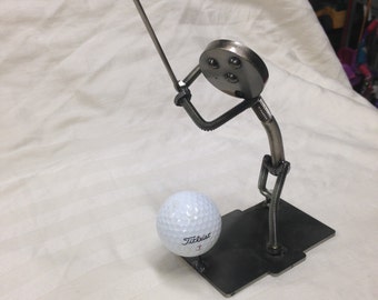 handmade metal art sculpture; golfer; golfing