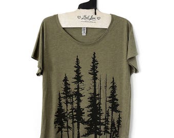 SALE Small- Tri-Blend Olive Dolman Tee with Evergreen Trees Screen Print-