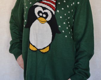 Vintage Green Knitted Ugly Christmas Sweater Christmas Penguin green Winter Cardigan Stockings green Cosby Knitted Festival Jumper Size XXL