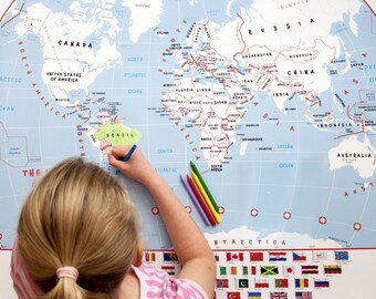 Children's Doodle World Map With Crayons -- gift, craft, coloring in, creative, kids map, Free Shipping!