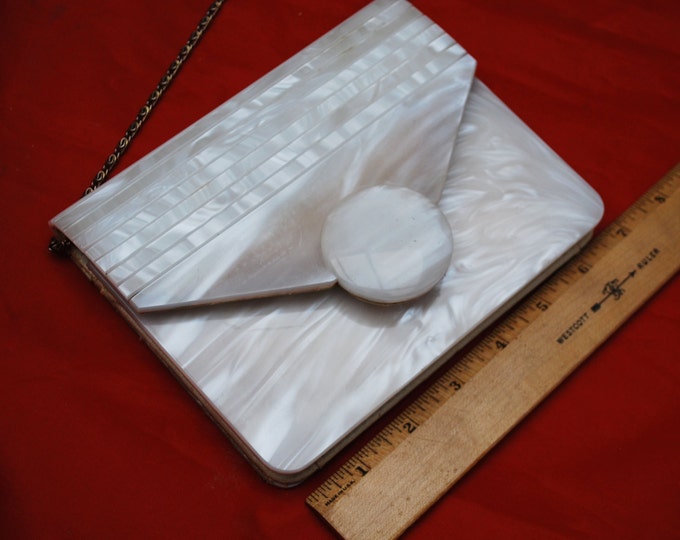 White Lucite Purse Clutch Mother of pearl plastic leather Mod Evening Bag