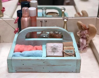 Sea foam green tote, rustic reclaimed wood tote tray, mint spa caddy, craft caddy, bathroom tote, distressed finish, shabby cottage chic