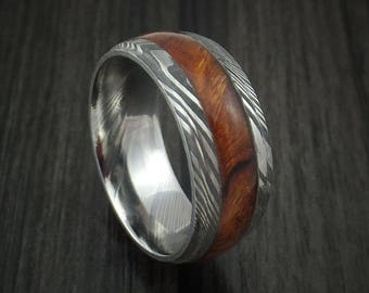 Damascus steel band with desert ironwood burl hardwood inlay custom made ring