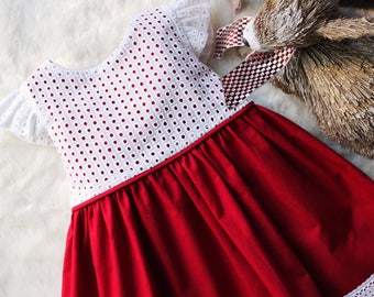 White and Red Dress with Angel Sleeves & Eyelet Bodice- 1T