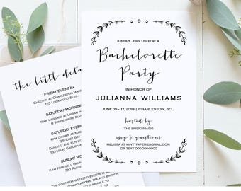 Bachelorette Party Invitation Template, Printable Rustic Bachelorette Invite & Itinerary, Instant Download, Fully Editable, DIY #031-103BP