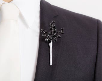 Limited Edition Black Boutonniere - Shiny Black - Black and White Boutonniere - Mens Boutonniere