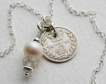 Victorian 3 pence coin Charm Necklace Genuine 1877 Coin Crystal and Freshwater Pearl Charm