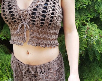 Crop top crocheted OSTRA hand made in France cotton from Egypt