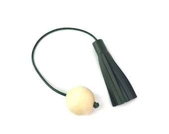 Leather Tassel Keychain, Wooden Bead Key Charm, Real Leather Tassel Charm, Wood Bead Charm, Leather Key Ring. Large, Red or Green.