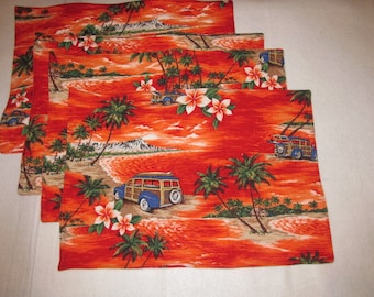 Handmade Quilted Set 4 Placemats tropical palm trees flowers woody cars Luau Hawaiian