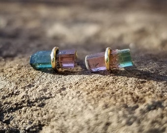 Watermelon Tourmaline Earrings Tourmaline Stud Earrings Womens Gift Tourmaline Studs Tourmaline Crystal Earrings Raw Crystal Jewelry Gold