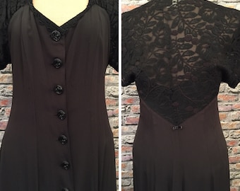 Vintage 1980's Karen Alexander Black Rayon And Lace Maxi Dress Size 8-10