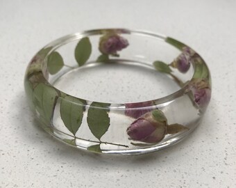 Handmade resin bangle with real pink rose buds