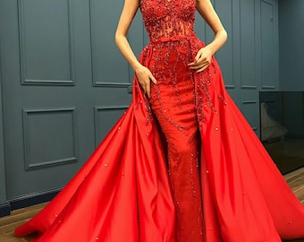 Luxury red mermaid overskirt beaded couture dress