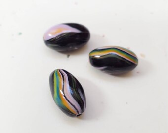 Oval Polymer Clay 16mm Beads/ Set Of Three/ Black With Multi Color Swirl/ Handmade Beads/ Jewelry Supplies/ Clay Beads