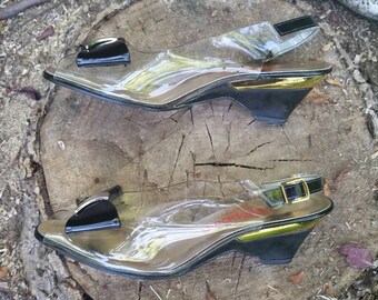 California Magdesians Shoes Clear Vinyl Wedges Peep Toe Shoes Patent Bow Slingback Shoes Clear Plastic Black Bow Mad Men Retro Size 6.5 Wide