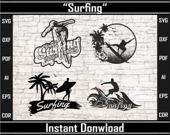 Surf Svg. Clipart of Surfboards, Dxf File, Vector for Cutting or Laser engravings. Silhouette of surf boards. Vector surfing beach