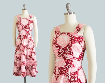 Vintage 1940s Dress | 40s Sundress Feather Polka Dot Novelty Print Cotton Pink Red Full Skirt Day Dress (medium)