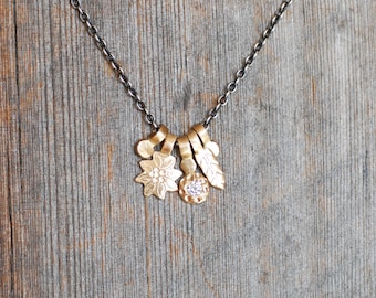 Diamond Charm Necklace - 14k Gold and Sterling Silver - Flower Charm Necklace
