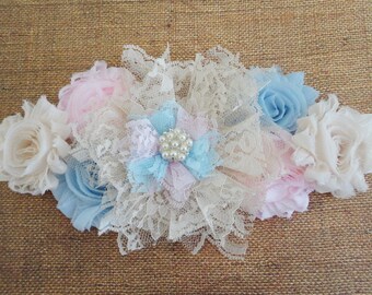 Gender Reveal Maternity Sash, Pink, Blue, & Ivory Creme Twin Maternity Sash, Lace Flower Sash, Pregnancy Sash, Belly Sash, Maternity Prop