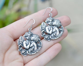 Sterling Silver Angel Cherub Wire Dangle Christmas Earrings