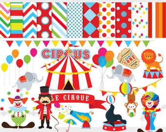 Circus clipart - circus clip art, lion, elephants, clowns, lion tamer, seal, balls, circus digital papers for personal and commercial use