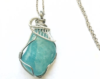 Aquamarine Pendant - Wire Wrapped Pendant - March Birthstone Necklace - Healing Crystal Necklace - Blue Crystal Necklace - MADE TO ORDER