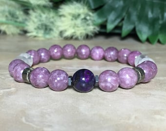 8mm Genuine Sugilite Bracelet, Lepidolite Bracelet, Rainbow Moonstone Bracelet, Healing Bracelet, Emotional Balance, Opens the chakras