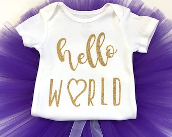 Purple Tutu Set, Coming Home Outfit, Newborn Going Home Outfit, Take Baby Home Set, Newborn Outfits For Girls, Hello World Purple Tutu Set
