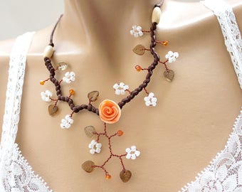 Flower necklace orange and Brown branch